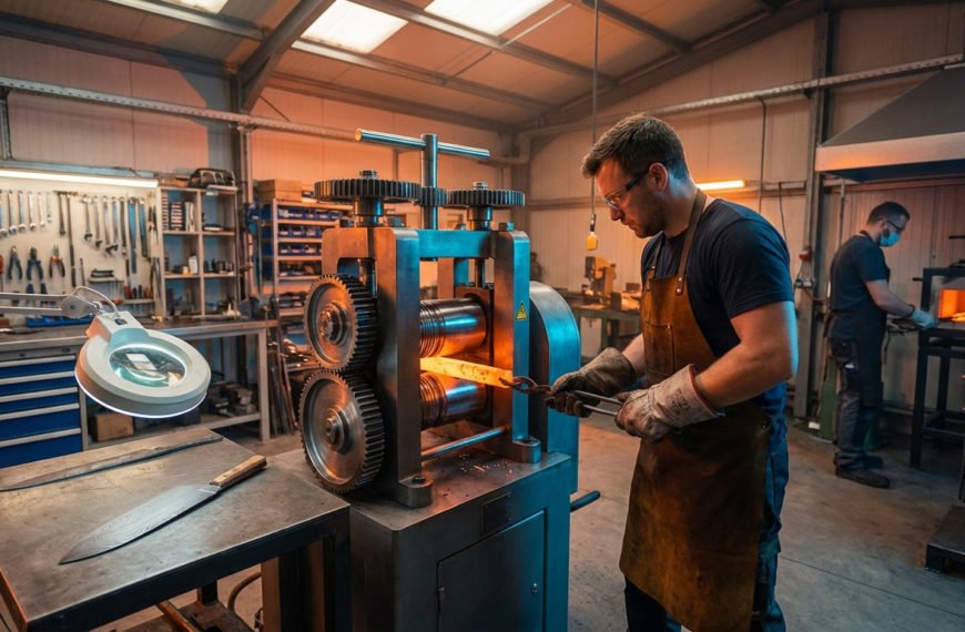 A skilled artisan feeds glowing hot metal into a modern rolling mill in a professional forge workshop. Dramatic lighting highlights the process.