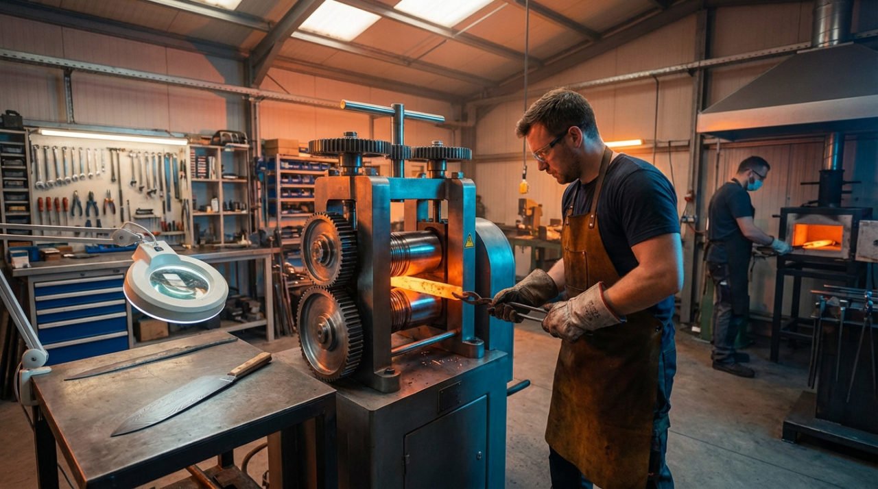 A skilled artisan feeds glowing hot metal into a modern rolling mill in a professional forge workshop. Dramatic lighting highlights the process.