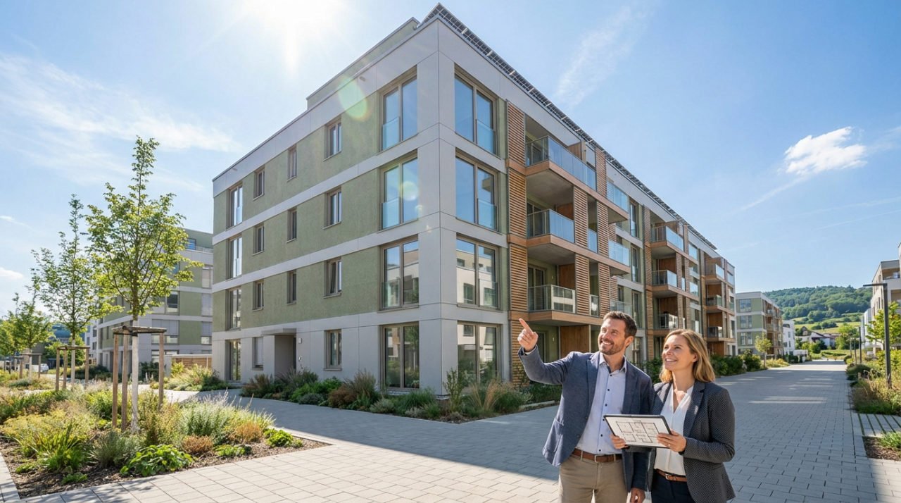 Deux personnes devant une copropriété moderne avec panneaux solaires, discutant de rénovation énergétique sous un ciel bleu.