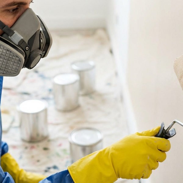 Person wearing a respirator mask and yellow gloves carefully paints a wall with a roller. Blurred paint cans are visible in the background.