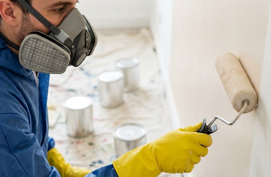 Person wearing a respirator mask and yellow gloves carefully paints a wall with a roller. Blurred paint cans are visible in the background.