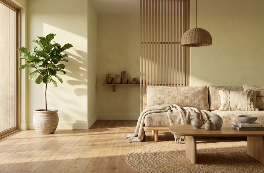 Salon lumineux aux tons neutres avec canapé en lin, table basse en bois, plante verte et décoration naturelle. Ambiance zen.