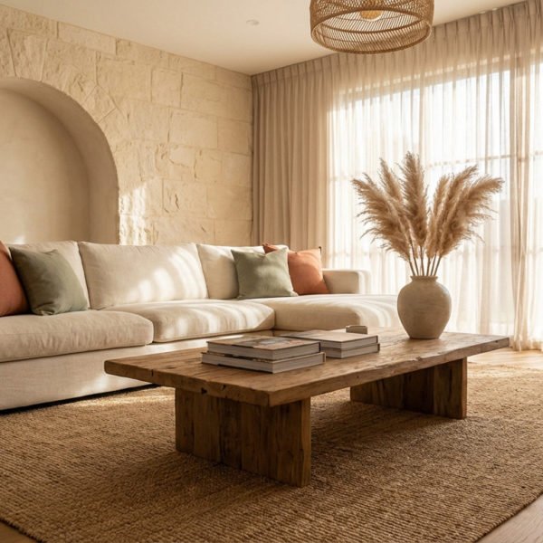 Un salon moderne lumineux, style "minimalisme chaud". Canapé lin, table bois brut, vase pampas, mur pierre.