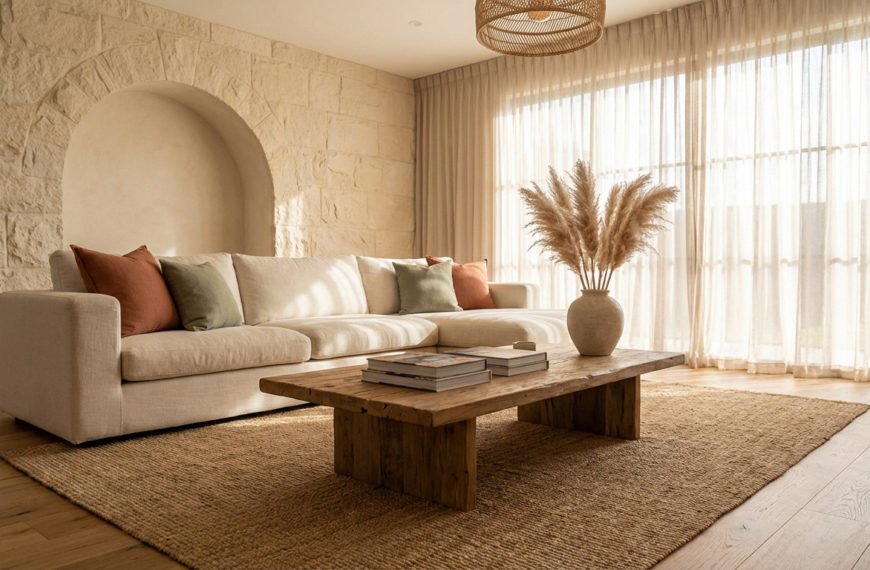 Un salon moderne lumineux, style "minimalisme chaud". Canapé lin, table bois brut, vase pampas, mur pierre.