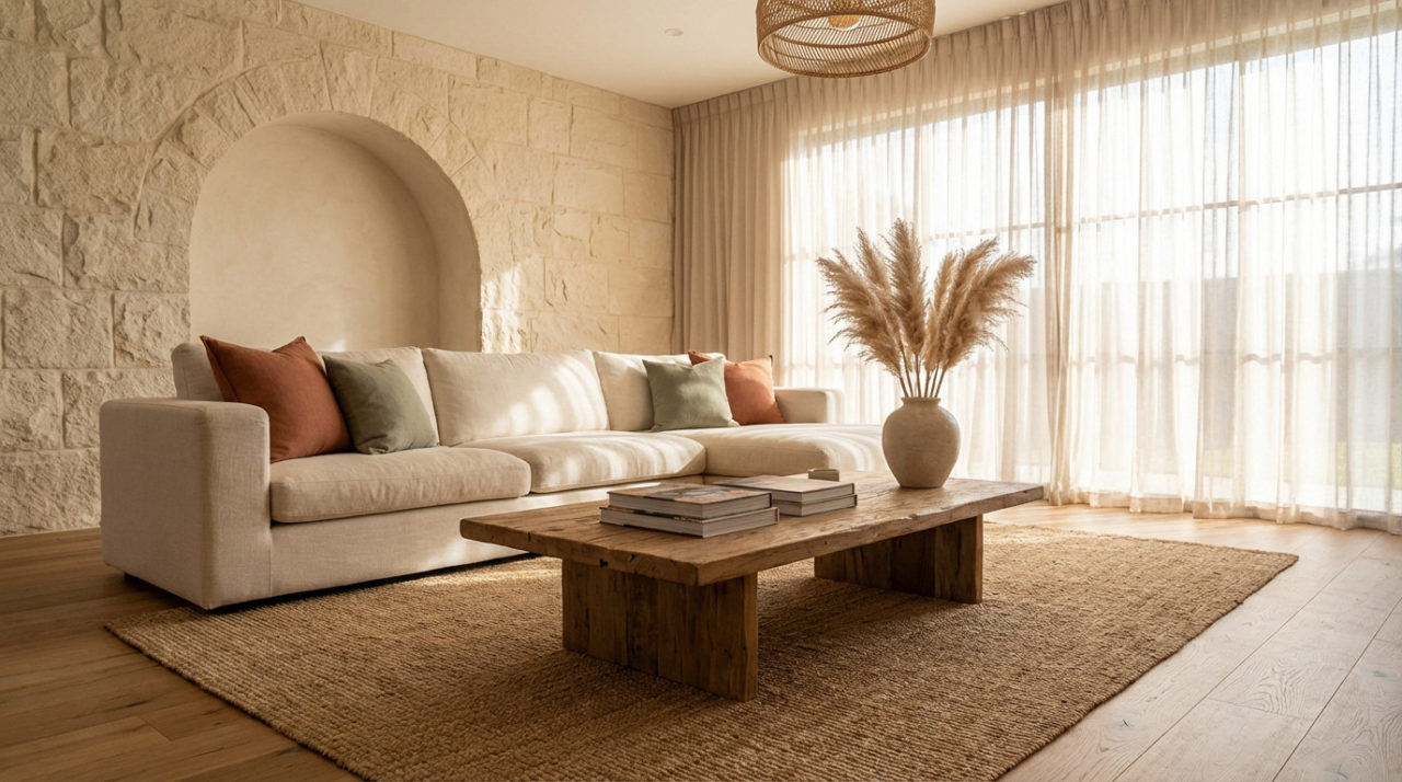Un salon moderne lumineux, style "minimalisme chaud". Canapé lin, table bois brut, vase pampas, mur pierre.