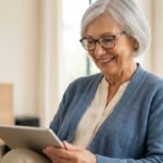 Photo d'une femme senior aux cheveux gris et lunettes, souriante en lisant sur une tablette dans un intérieur lumineux.