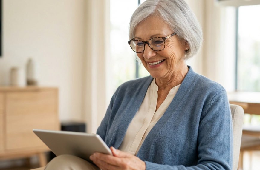 Photo d'une femme senior aux cheveux gris et lunettes, souriante en lisant sur une tablette dans un intérieur lumineux.
