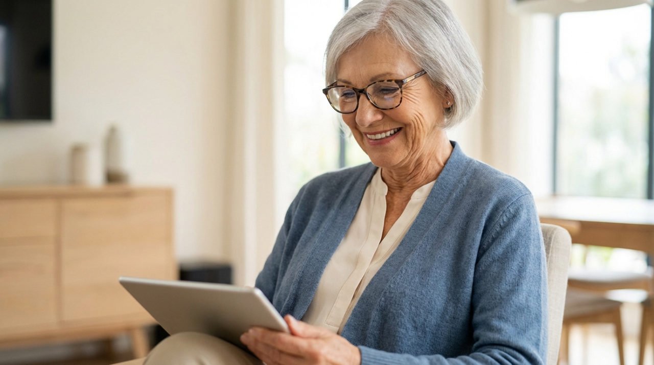 Photo d'une femme senior aux cheveux gris et lunettes, souriante en lisant sur une tablette dans un intérieur lumineux.