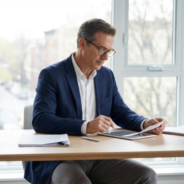 Mature man in business attire at a desk with tablet and papers, bathed in daylight from a window overlooking a cityscape.
