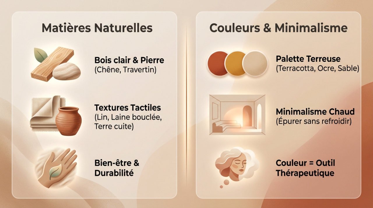 Intérieur salon tendance 2025 avec canapé laine bouclée et mur terracotta