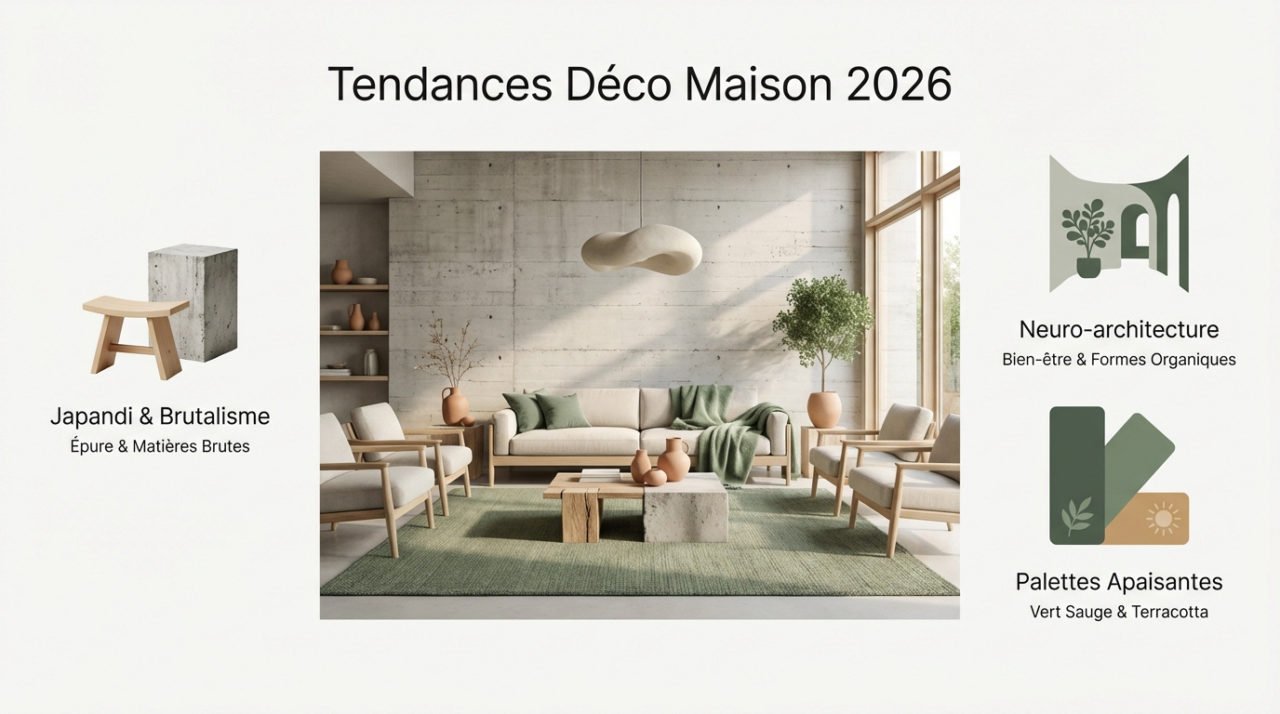Tendances décoration intérieure 2026 mélangeant styles Japandi et Brutaliste avec teintes terracotta et vert sauge