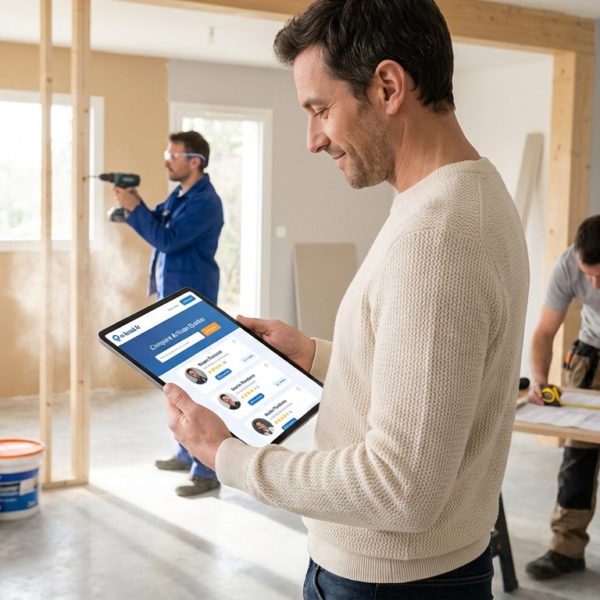 Un homme consulte une application sur tablette pour trouver des artisans qualifiés, tandis que deux ouvriers rénovent un intérieur.