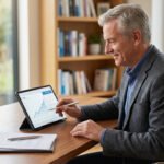 Homme senior souriant, en blazer gris, travaillant sur une tablette affichant des graphiques de performance, avec un stylet à la main, dans un bureau lumineux.