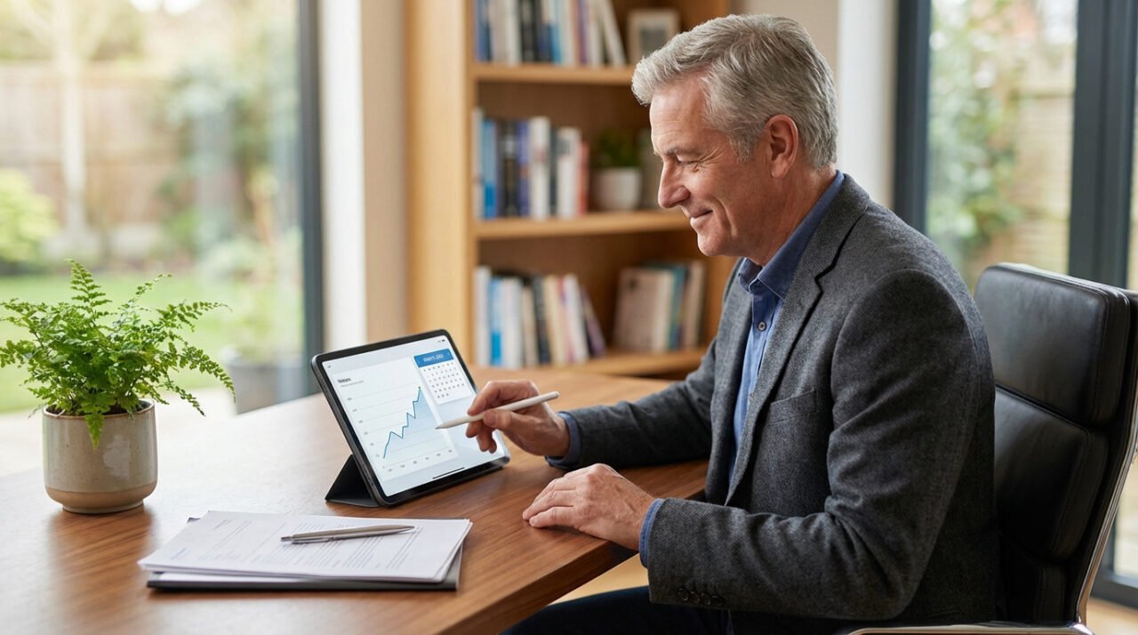 Homme senior souriant, en blazer gris, travaillant sur une tablette affichant des graphiques de performance, avec un stylet à la main, dans un bureau lumineux.