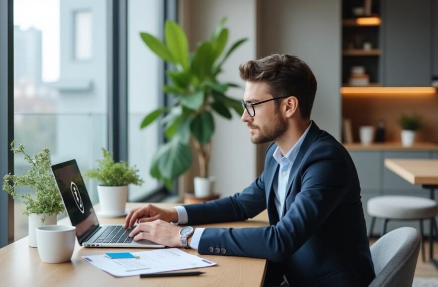 Un Homme En Costume Travaille Sur Un Ordinateur Portable Dans Un Bureau Moderne Avec De Grandes Fenêtres, Des Plantes Et Des Documents.