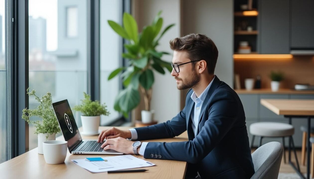 Un Homme En Costume Travaille Sur Un Ordinateur Portable Dans Un Bureau Moderne Avec De Grandes Fenêtres, Des Plantes Et Des Documents.