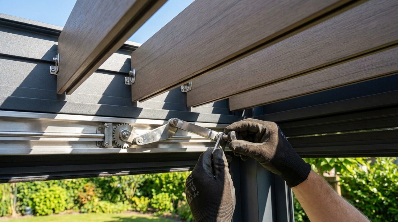 Gros plan sur des mains gantées ajustant le mécanisme d'engrenage de lames orientables en composite pour une pergola, avec jardin en arrière-plan.