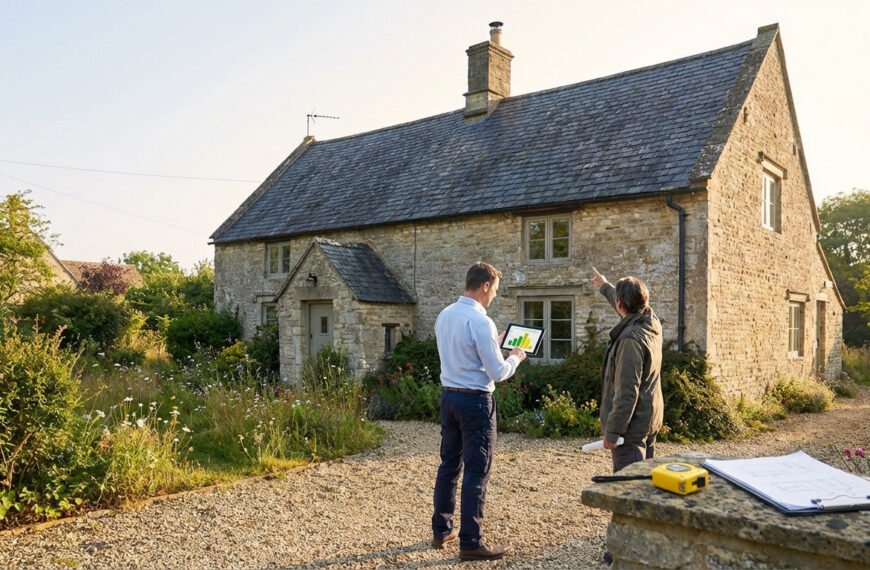 Deux hommes devant une vieille maison en pierre. L'un tient une tablette avec des graphiques, l'autre pointe la toiture. Plans et mètre ruban.