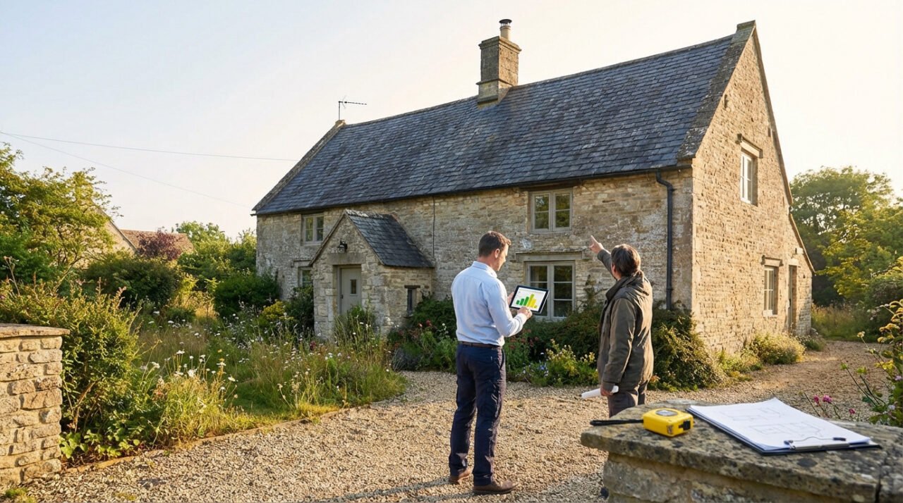Deux hommes devant une vieille maison en pierre. L'un tient une tablette avec des graphiques, l'autre pointe la toiture. Plans et mètre ruban.