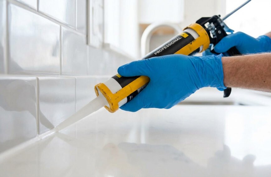 Une personne gantée applique un joint silicone blanc avec un pistolet sur la jonction entre un carrelage mural et un plan de travail.