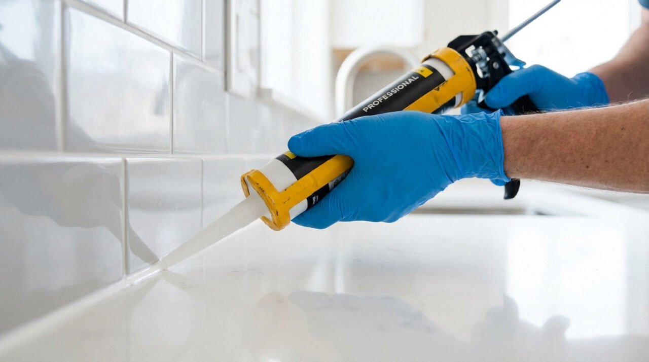 Une personne gantée applique un joint silicone blanc avec un pistolet sur la jonction entre un carrelage mural et un plan de travail.