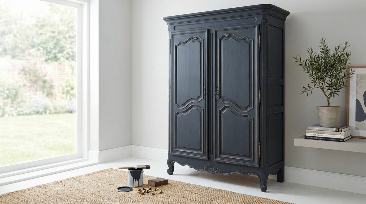 Grande armoire ancienne en bois relookée en gris anthracite vieilli dans une pièce lumineuse avec fenêtre sur jardin. Matériel de peinture au sol.