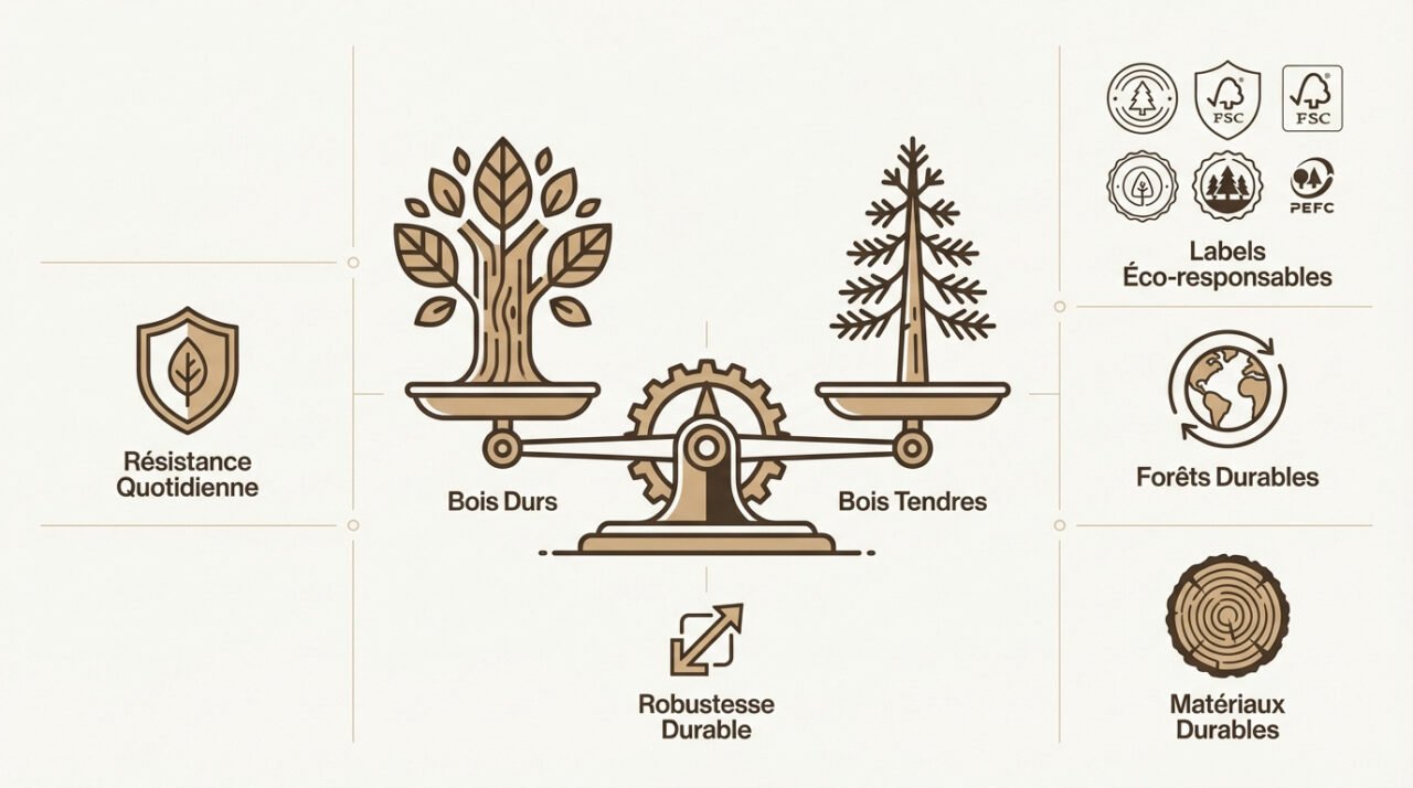 Comparaison visuelle entre la texture d'un bois dur de chêne et d'un bois tendre de pin