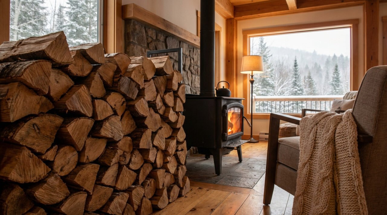 Intérieur chaleureux avec grand tas de bois empilé, poêle à bois allumé, fauteuil confortable et vue sur forêt enneigée.