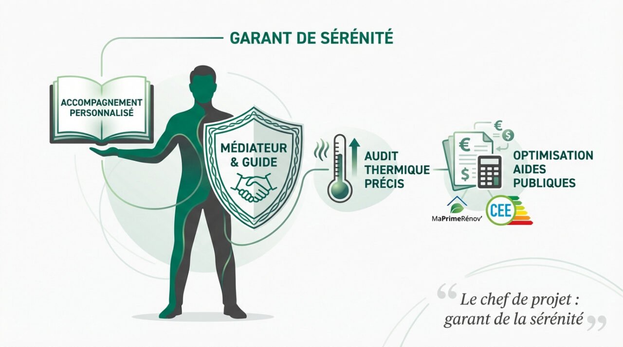 Chef de projet en rénovation énergétique accompagnant un client sur un chantier