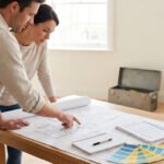 Un couple examine des plans de rénovation sur une table en bois, avec des échantillons de couleurs et des outils de mesure.