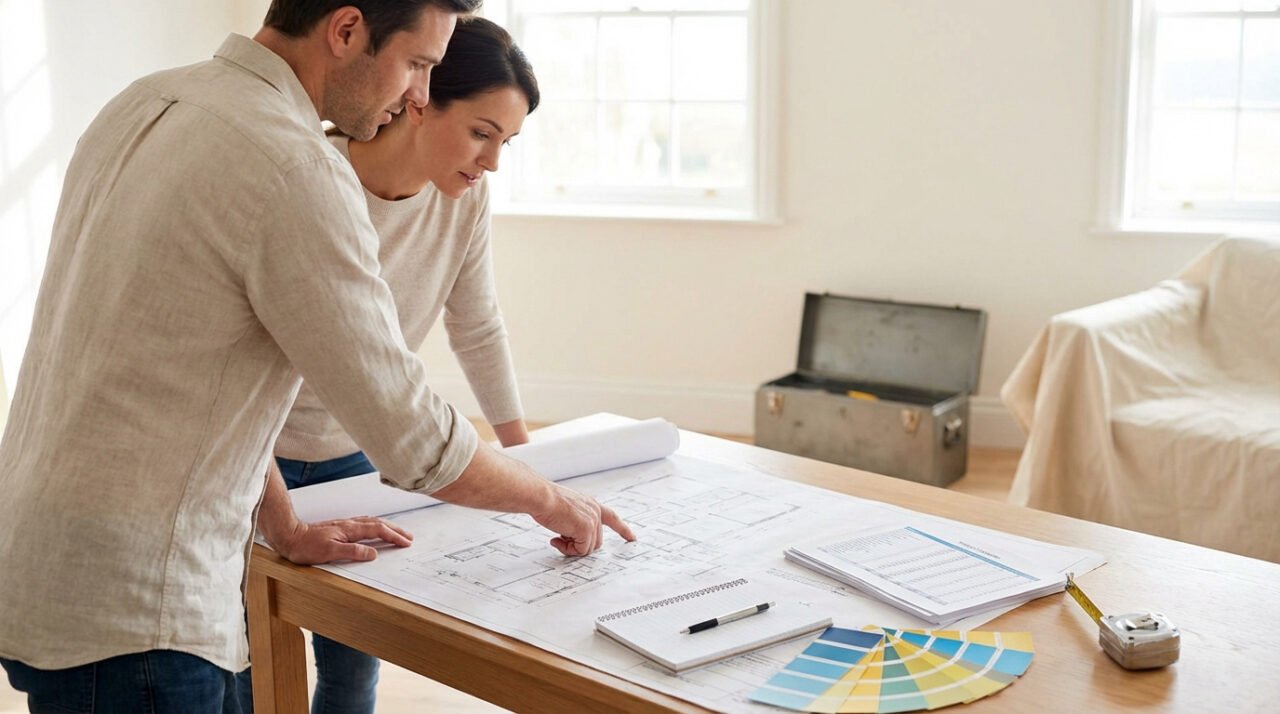 Un couple examine des plans de rénovation sur une table en bois, avec des échantillons de couleurs et des outils de mesure.