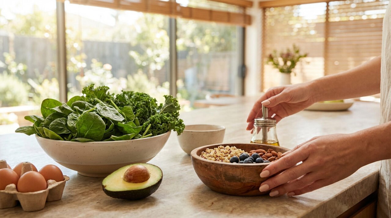 Vue rapprochée de mains préparant un repas sain avec des légumes verts, quinoa, baies, amandes, avocat et œufs.