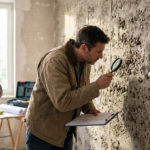 Un expert immobilier examine un mur en mâchefer à la loupe, documentant ses observations. Une femme l'accompagne.