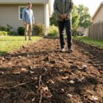 Deux hommes regardent une bande de terre fraîchement creusée, peut-être l'emplacement d'une haie mitoyenne retirée.