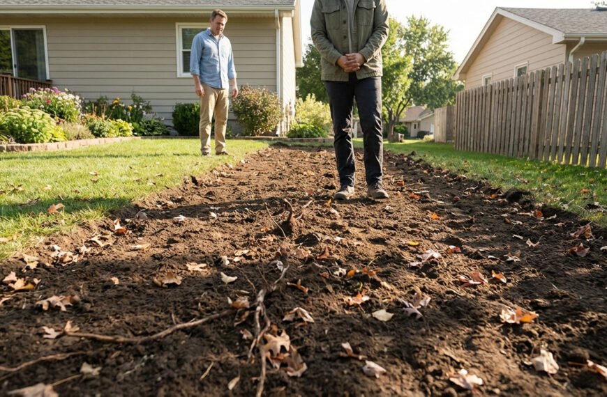 Deux hommes regardent une bande de terre fraîchement creusée, peut-être l'emplacement d'une haie mitoyenne retirée.