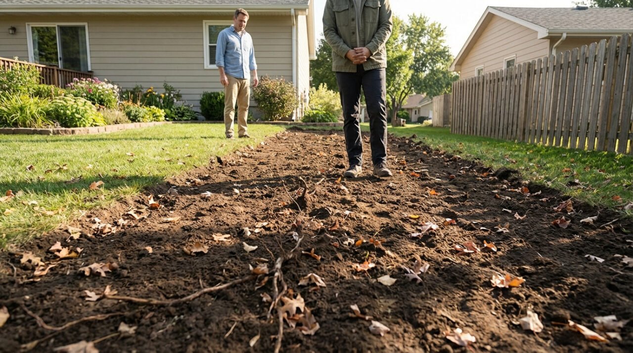 Deux hommes regardent une bande de terre fraîchement creusée, peut-être l'emplacement d'une haie mitoyenne retirée.