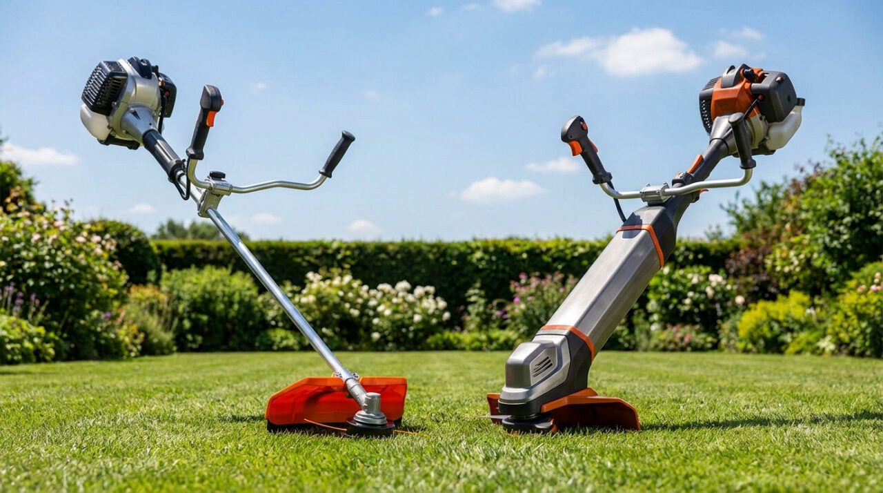 Deux débroussailleuses thermiques, une Echo argentée et une Stihl orange/grise, posées sur une pelouse verte ensoleillée.