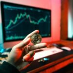 Une Personne Tient Un Jeton Bitcoin Devant Un écran D'ordinateur Affichant Des Graphiques De Cours De Crypto Monnaies Sur Un Bureau.