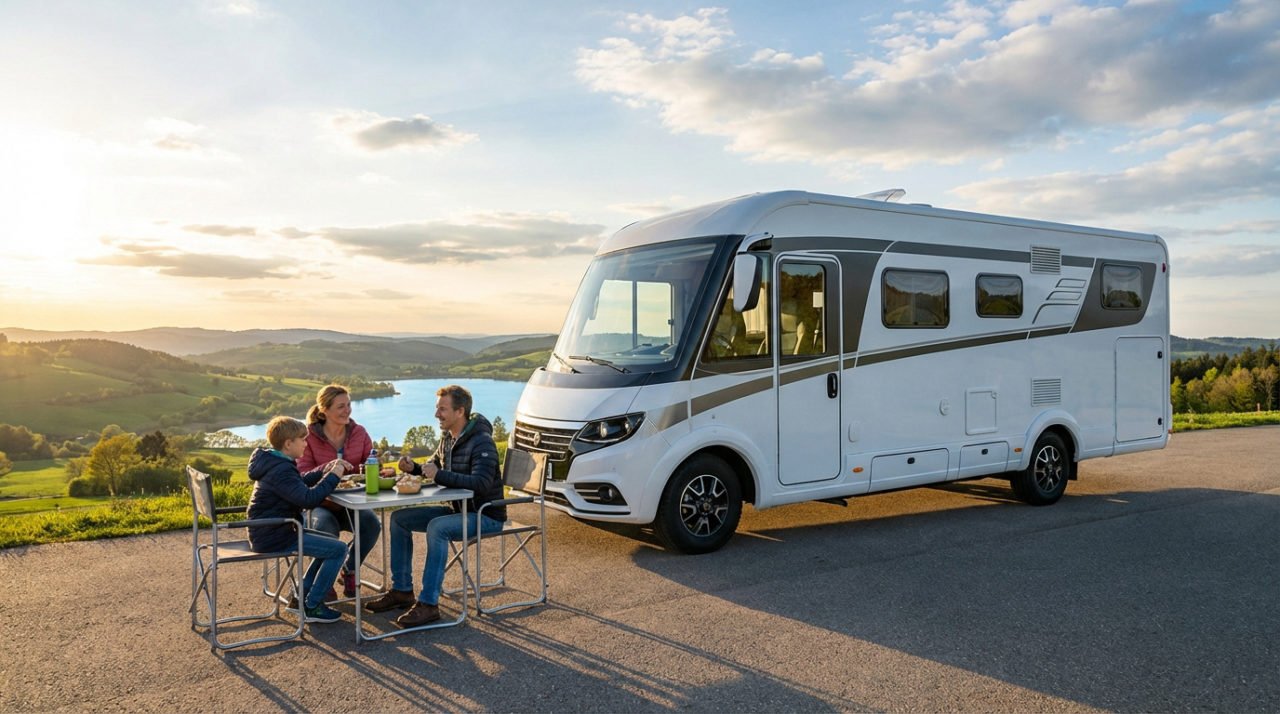 Une famille mange devant un camping-car blanc et gris, avec un lac et des collines verdoyantes au coucher du soleil.