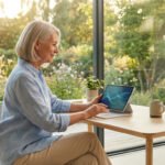 Femme senior souriante utilisant une tablette avec clavier sur une table en bois, devant un jardin ensoleillé.