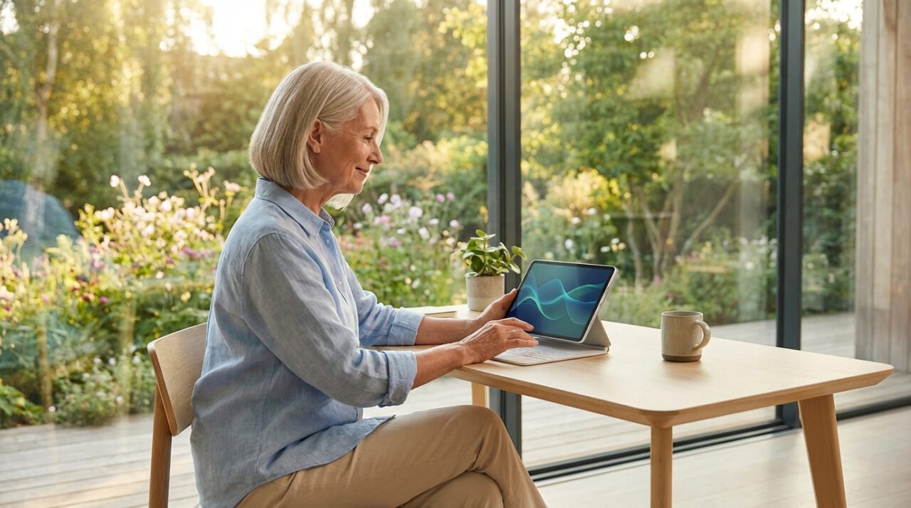 Femme senior souriante utilisant une tablette avec clavier sur une table en bois, devant un jardin ensoleillé.