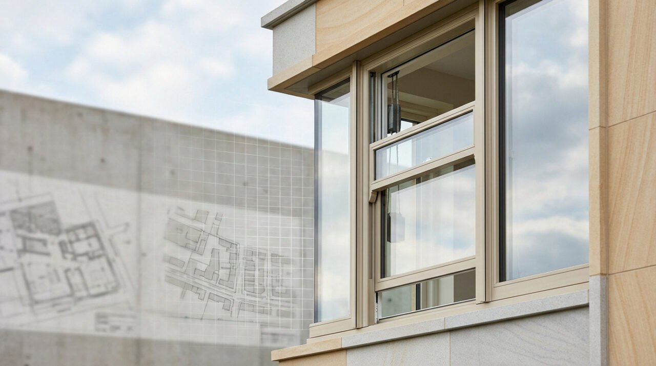 Fenêtre à guillotine moderne partiellement ouverte sur une façade de bâtiment clair. Plans d'architecture en arrière-plan flou.