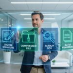 Un homme dans un bureau moderne interagit avec une interface holographique présentant des options de gestion de documents PDF.