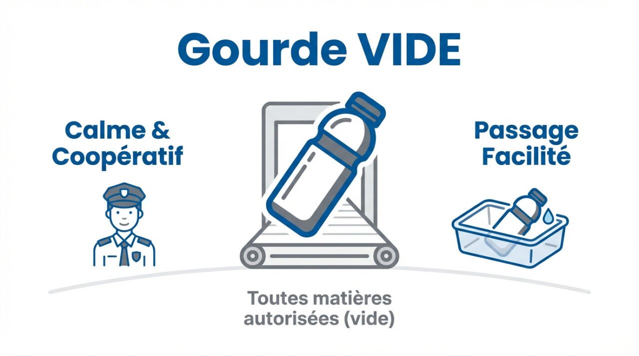 Voyageur passant la sécurité d'un aéroport avec une gourde vide dans son bac