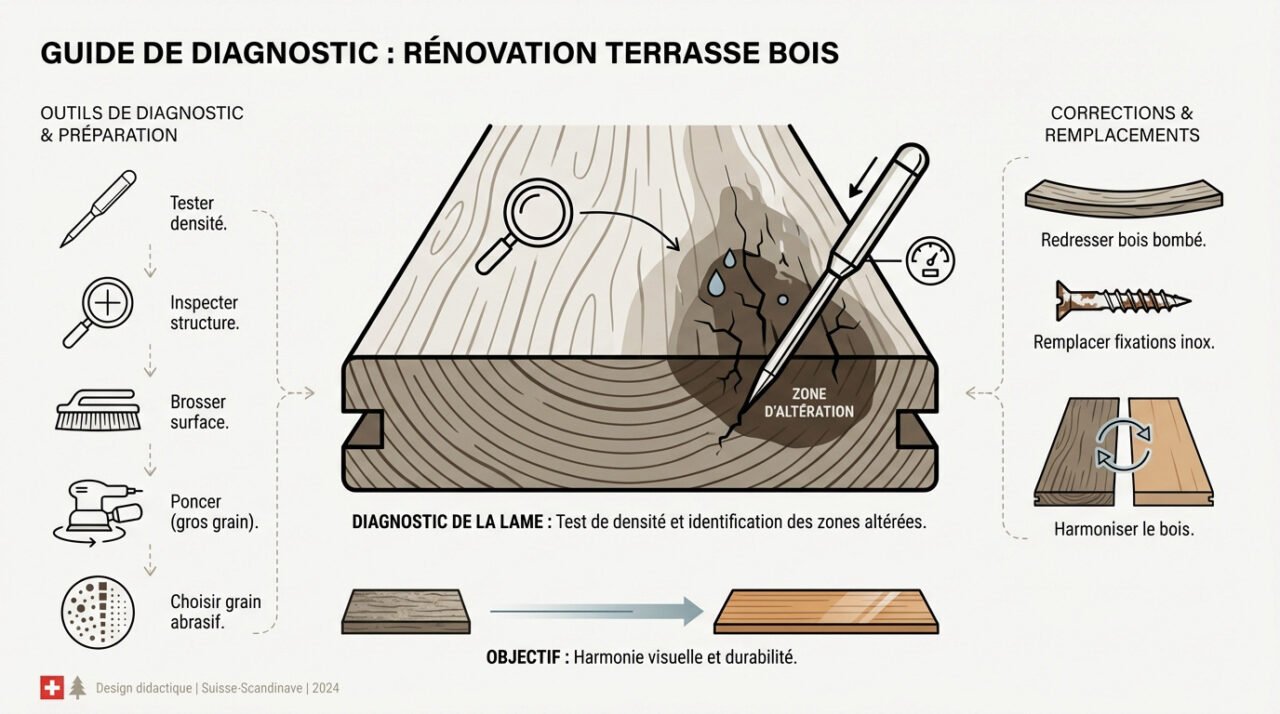 Inspection des lames de terrasse en bois pour détecter la pourriture