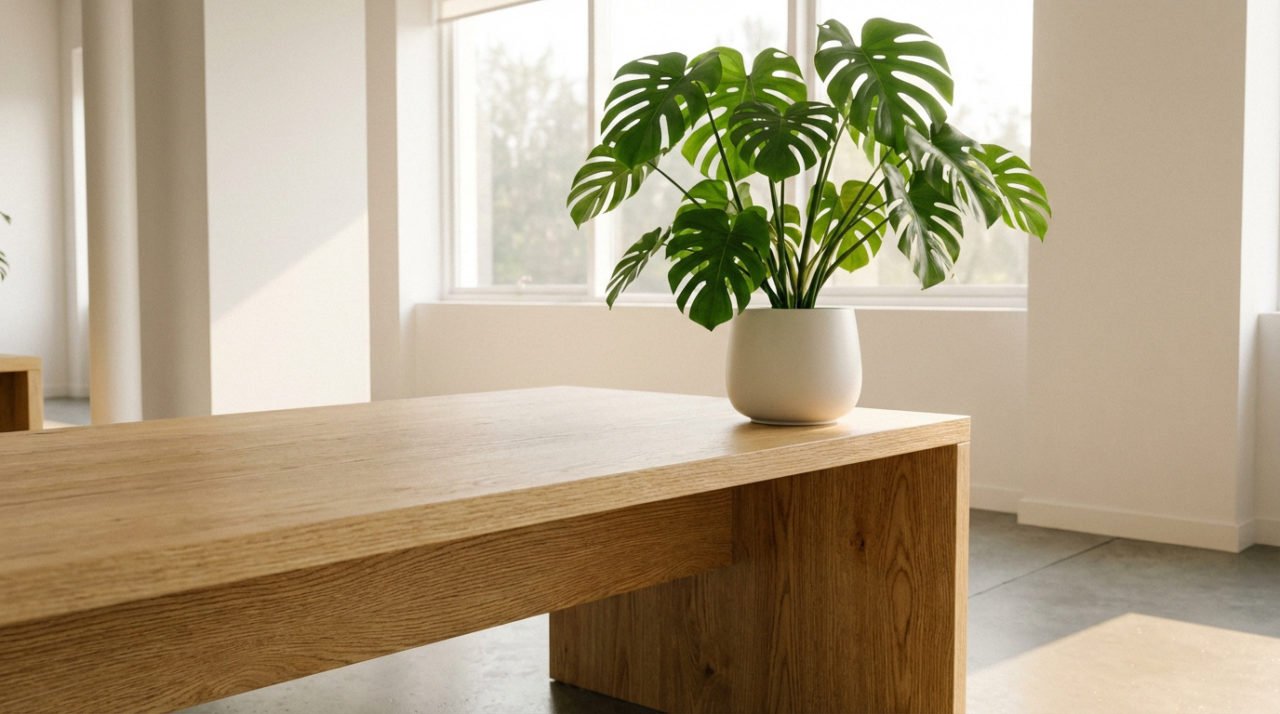 Plante Monstera verte en pot blanc sur une longue table en bois clair dans une pièce moderne et lumineuse avec fenêtres.