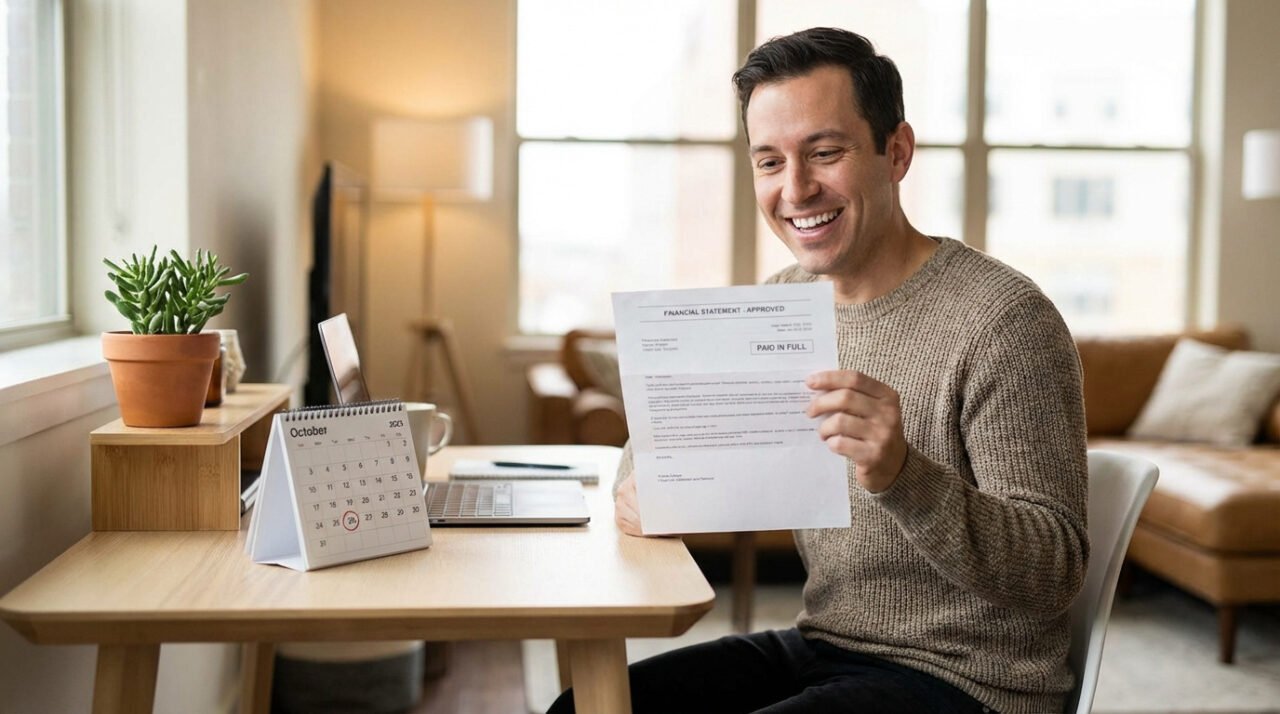 Un homme souriant tient un document "PAID IN FULL" à son bureau, avec un calendrier et un ordinateur portable.