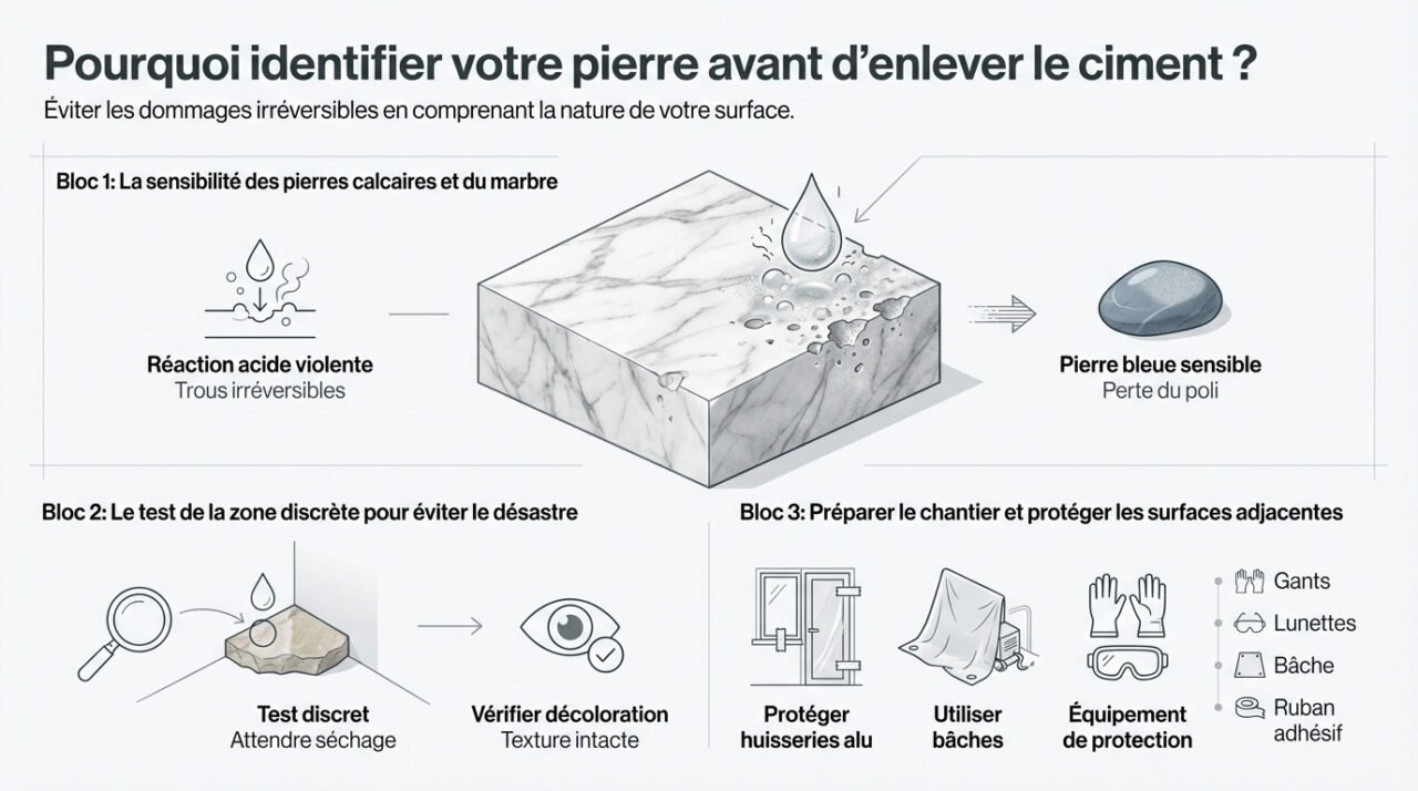 Identification d'une pierre naturelle avant nettoyage des résidus de ciment