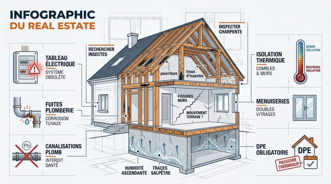 Infographie des points de contrôle lors du diagnostic d'une maison ancienne