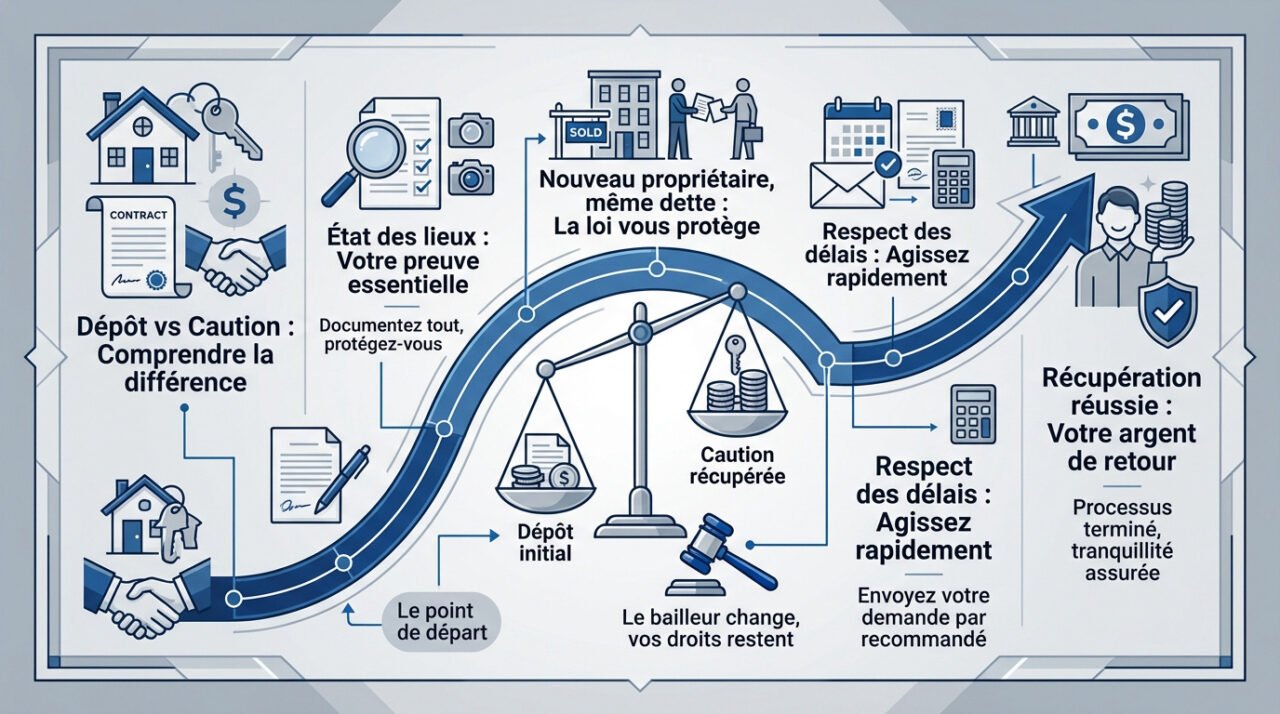 Infographie expliquant les étapes pour récupérer son dépôt de garantie immobilier